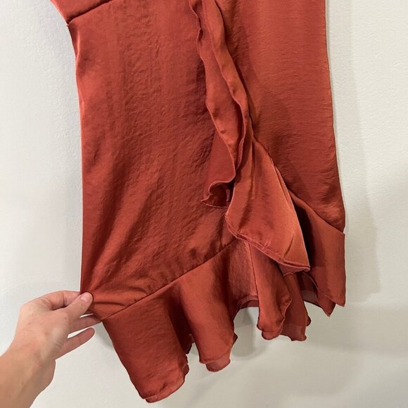 Lucy In The Sky Satin Ruffle Slip Dress Rustic Red Orange Women's Size Small - Picture 4 of 7